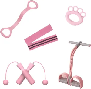 5 PCS Home Fitness Kit, Pink, Includes Jump Rope, Resistance Bands, Pedal Puller, Back Stretcher, Hand Grip