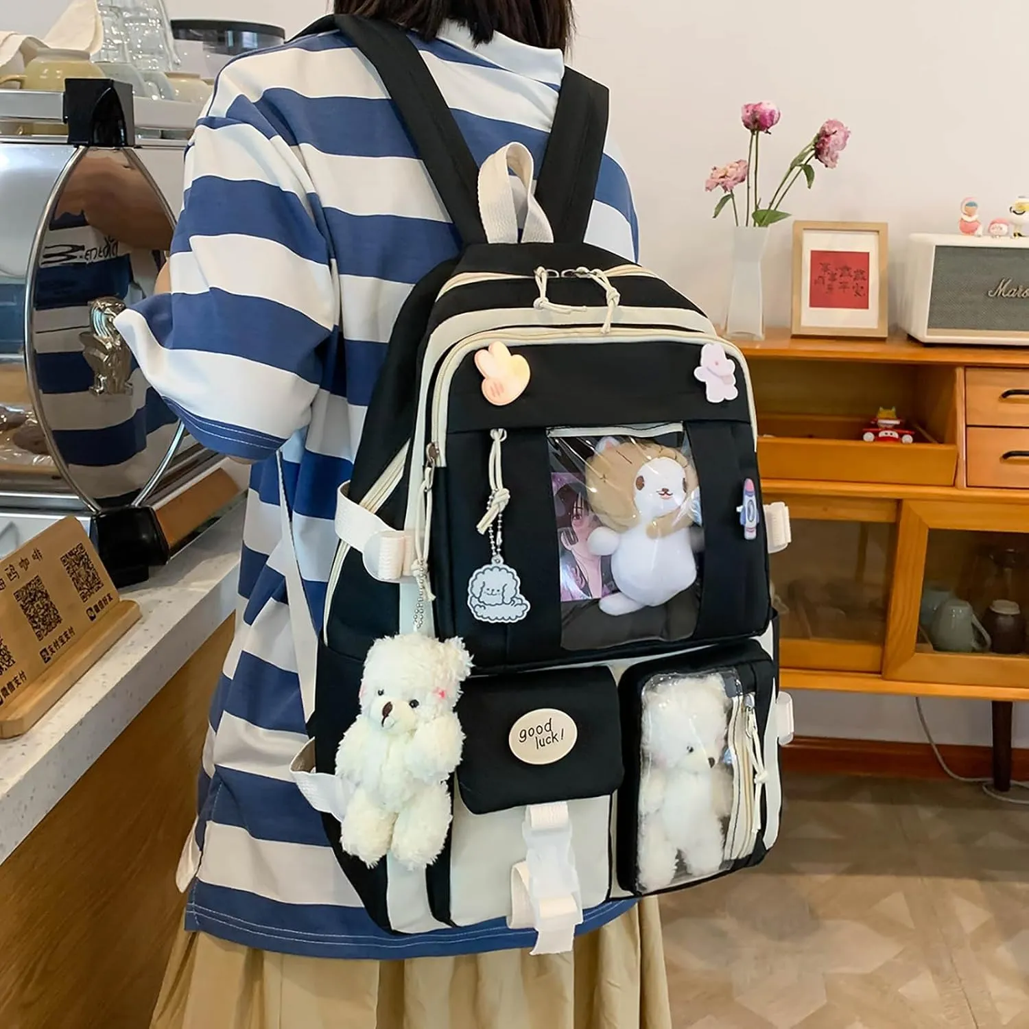 5-Piece Aesthetic Kawaii Backpack Set with Kawaii Pin and Pendants Accessories, Nylon Material | Durable & Adorable