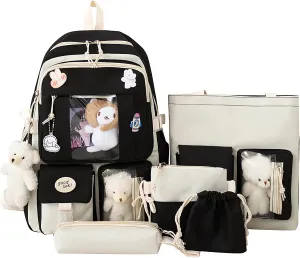 5-Piece Aesthetic Kawaii Backpack Set with Kawaii Pin and Pendants Accessories, Nylon Material | Durable & Adorable