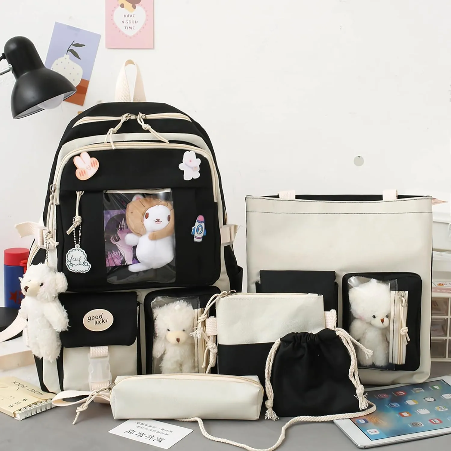 5-Piece Aesthetic Kawaii Backpack Set with Kawaii Pin and Pendants Accessories, Nylon Material | Durable & Adorable