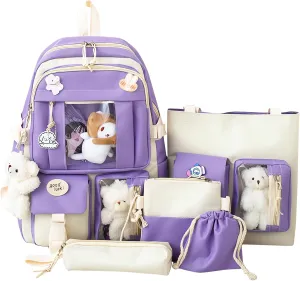 5-Piece Aesthetic Kawaii Backpack Set with Kawaii Pin and Pendants Accessories, Nylon Material | Durable & Adorable