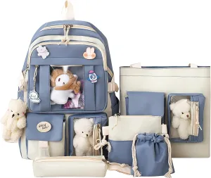 5-Piece Aesthetic Kawaii Backpack Set with Kawaii Pin and Pendants Accessories, Nylon Material | Durable & Adorable