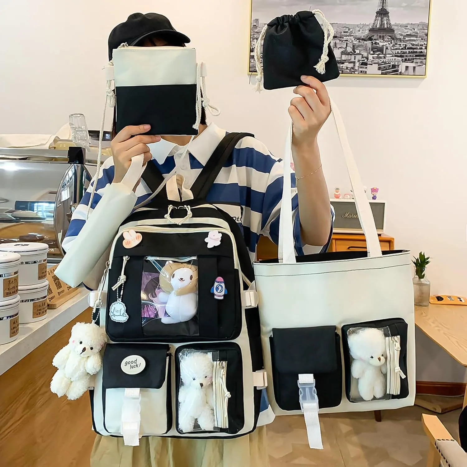5-Piece Aesthetic Kawaii Backpack Set with Kawaii Pin and Pendants Accessories, Nylon Material | Durable & Adorable