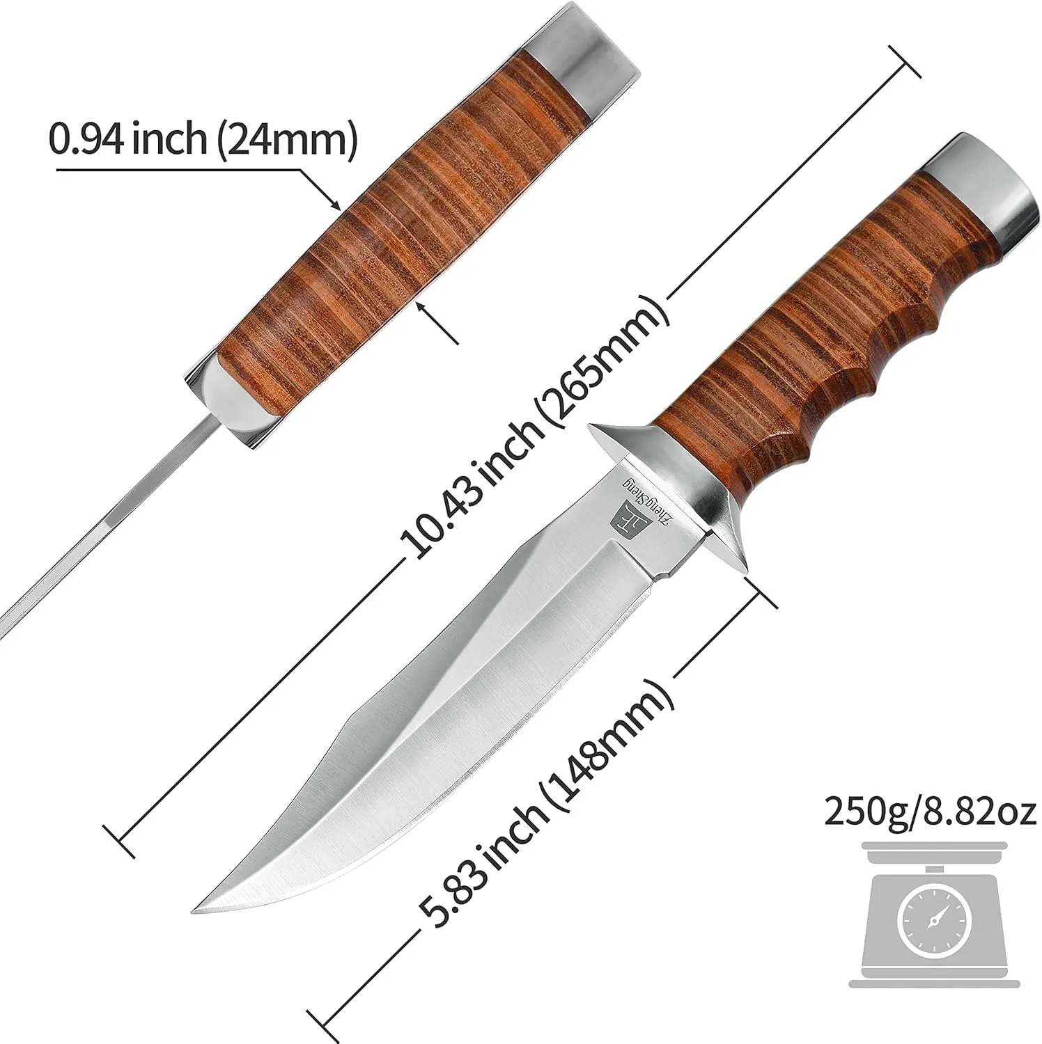 5.8" Fixed Blade Knife - Genuine Leather Handle with Leather Sheath for Camping, Hiking, Survival