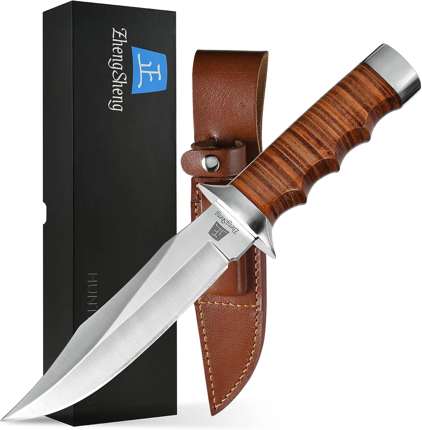5.8" Fixed Blade Knife - Genuine Leather Handle with Leather Sheath for Camping, Hiking, Survival