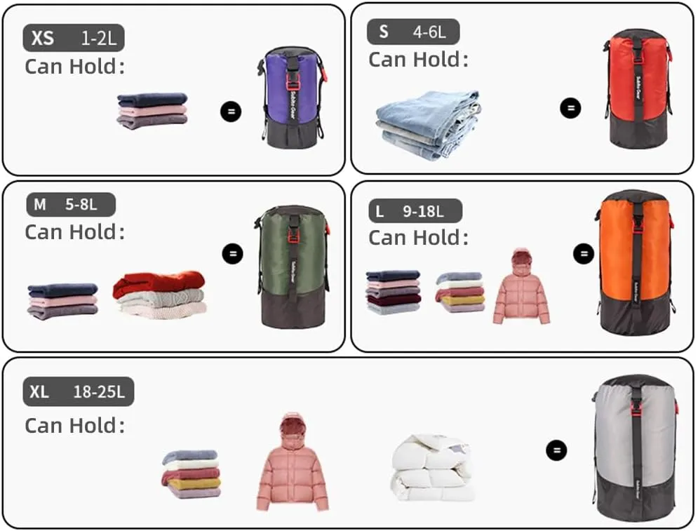 5pcs Lightweight Compression Stuff Sack | Weatherproof Polyester Bag for Camping/Hiking/Backpacking | 5 Sizes with 4 Adjustable Straps | Saves 40% Space