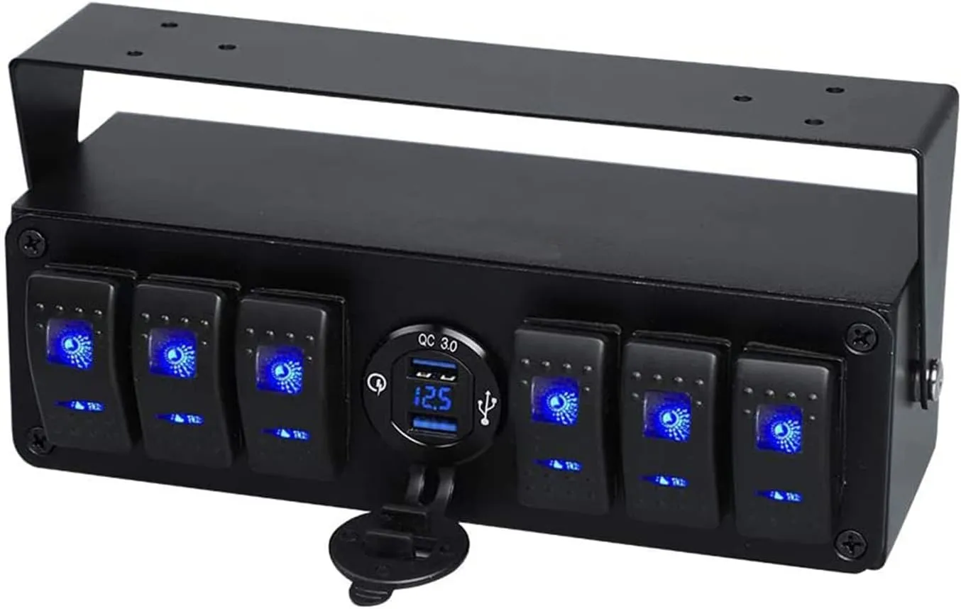 6 Gang Rocker Switch Box 12V SPST ON Off Quick Charge 3.0 Dual USB Charger Voltmeter Waterproof Aluminum Marine Boat Panel Night Glow Stickers for Boats Cars RVs Trucks
