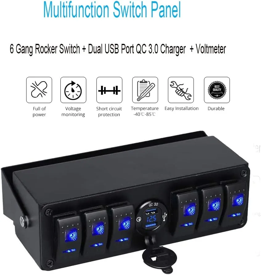 6 Gang Rocker Switch Box 12V SPST ON Off Quick Charge 3.0 Dual USB Charger Voltmeter Waterproof Aluminum Marine Boat Panel Night Glow Stickers for Boats Cars RVs Trucks