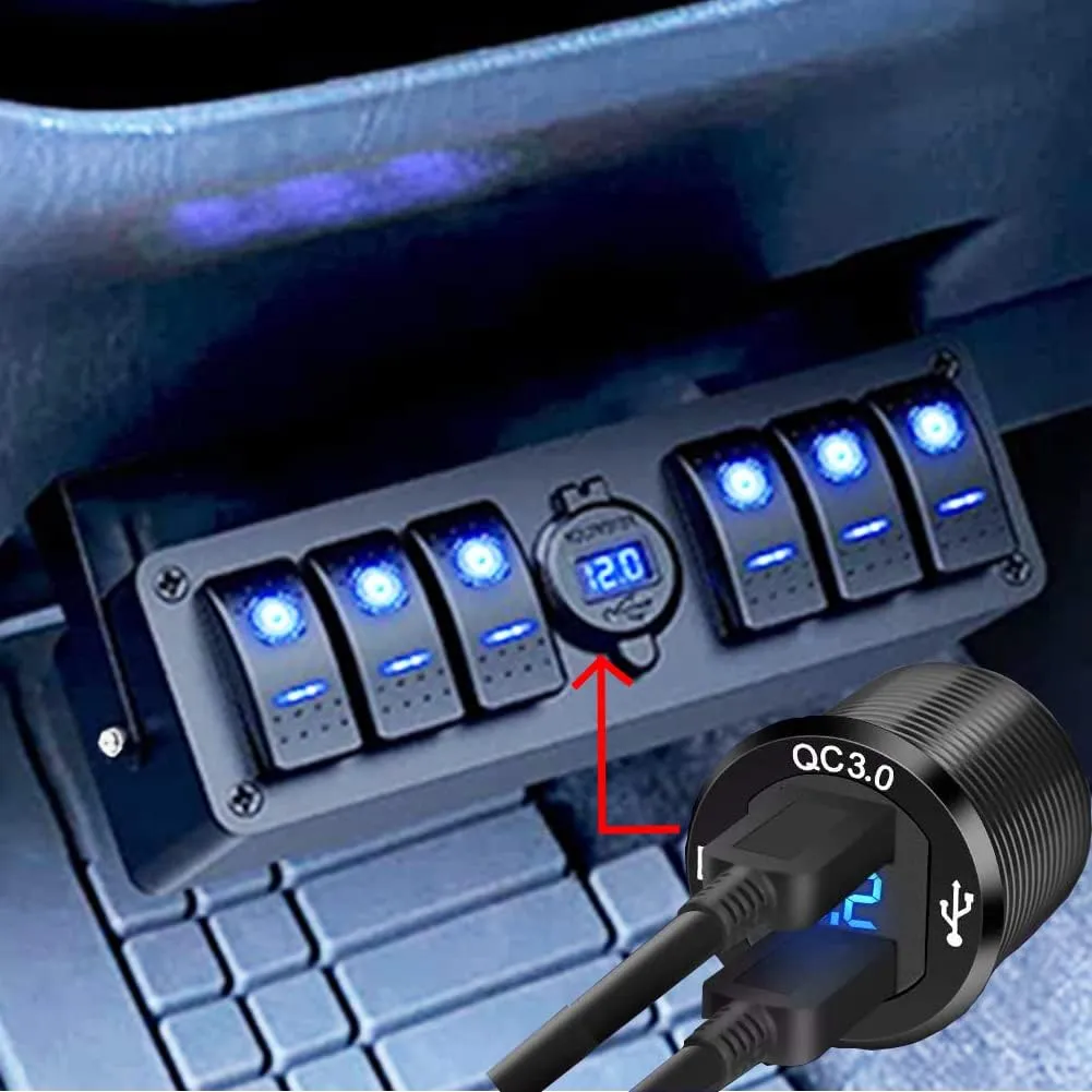 6 Gang Rocker Switch Box 12V SPST ON Off Quick Charge 3.0 Dual USB Charger Voltmeter Waterproof Aluminum Marine Boat Panel Night Glow Stickers for Boats Cars RVs Trucks