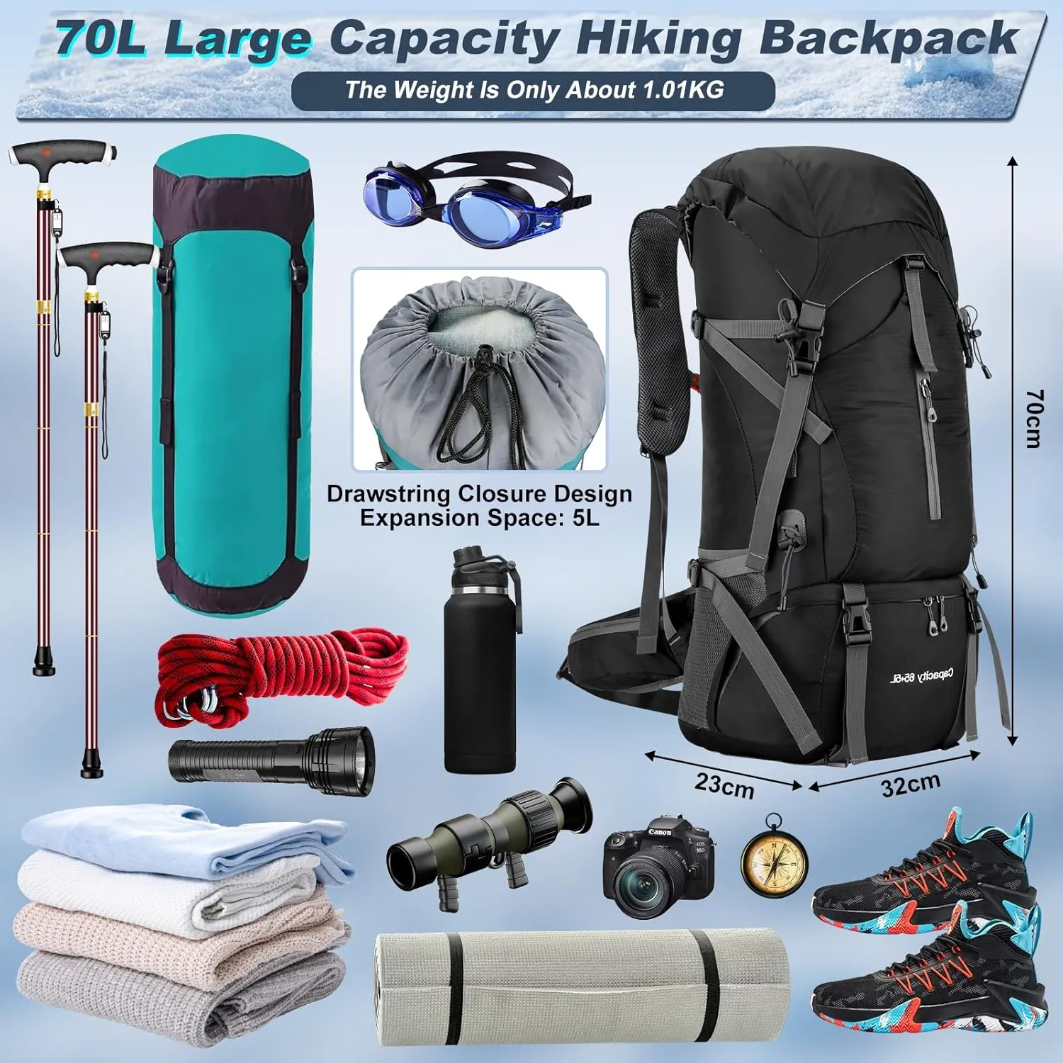 65L 5L Hiking Camping Backpack for Men and Women, Lightweight Outdoor Sport Travel Daypack 70L Rucksack for Climbing Touring Ultralight High-Capacity with Waterproof Rain Cover (Black)