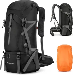 65L 5L Hiking Camping Backpack for Men and Women, Lightweight Outdoor Sport Travel Daypack 70L Rucksack for Climbing Touring Ultralight High-Capacity with Waterproof Rain Cover (Black)