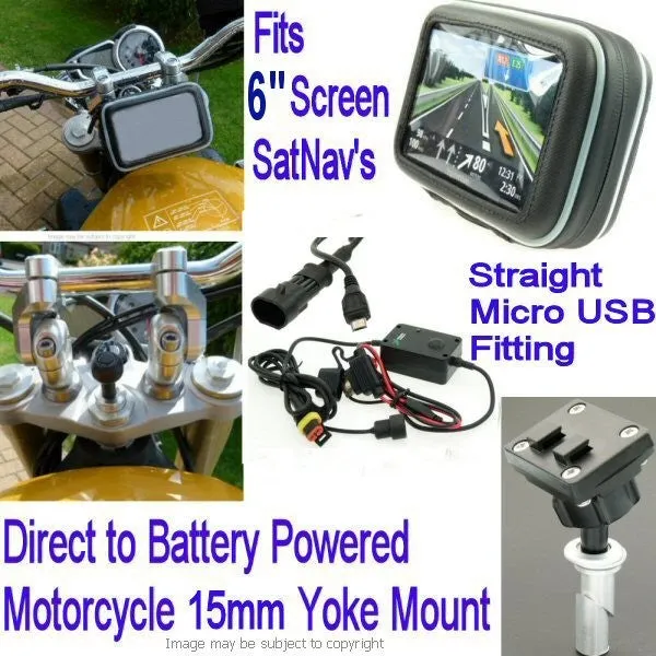 6inch GPS SatNav Motorcycle Straight MICRO USB Powered 15mm Yoke Mount (sku 14162)