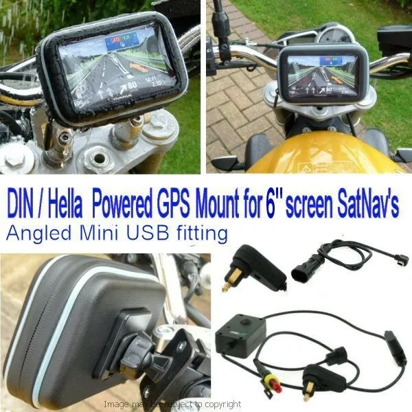 6inch SatNav GPS DIN - Hella Powered Motorcycle Mount - Angled Mini USB (SKU 14152)