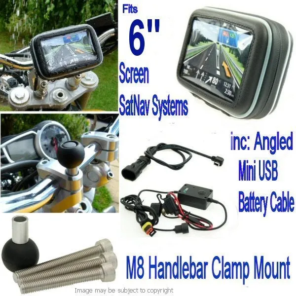 6inch SatNav Motorcycle M8 Powered Handlebar Mount - angled mini USB (sku 14168)
