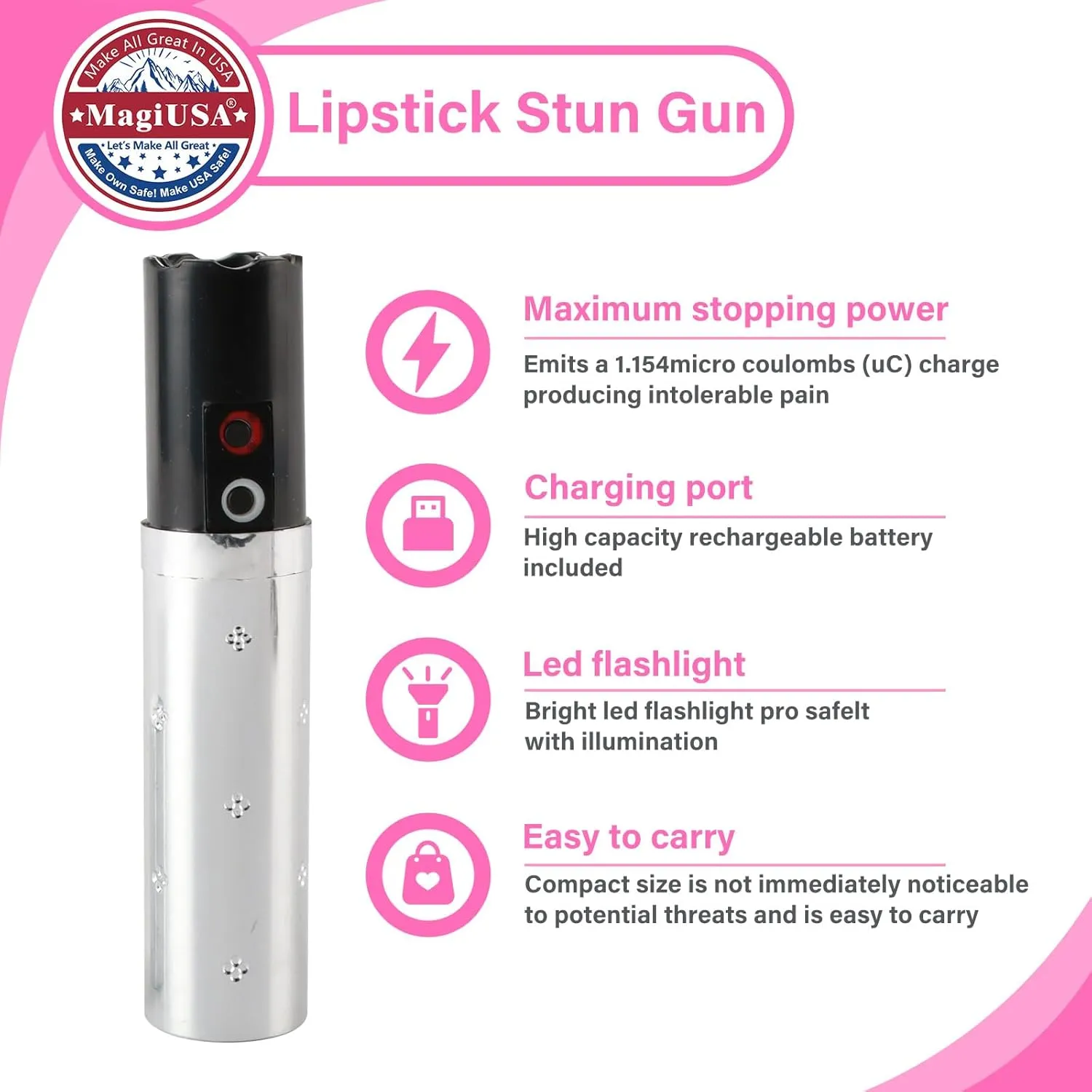 7 Colors MagiUSA Lipstick Stun Device Flashlight Self Defense for Women – Compact Non Less Lethal Safety Keychain Tool Available in – Stylish, Discreet, Gift-Ready, Travel Friendly
