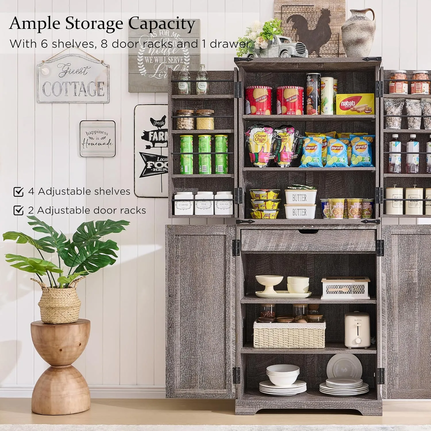 72" Tall Kitchen Pantry, Farmhouse Storage Cabinet with Barn Doors, Organizer, Drawer and Adjustable Shelves, Rustic Wood Cupboard for Kitchen, Dining Room, Bathroom and Hallway, Rustic Grey