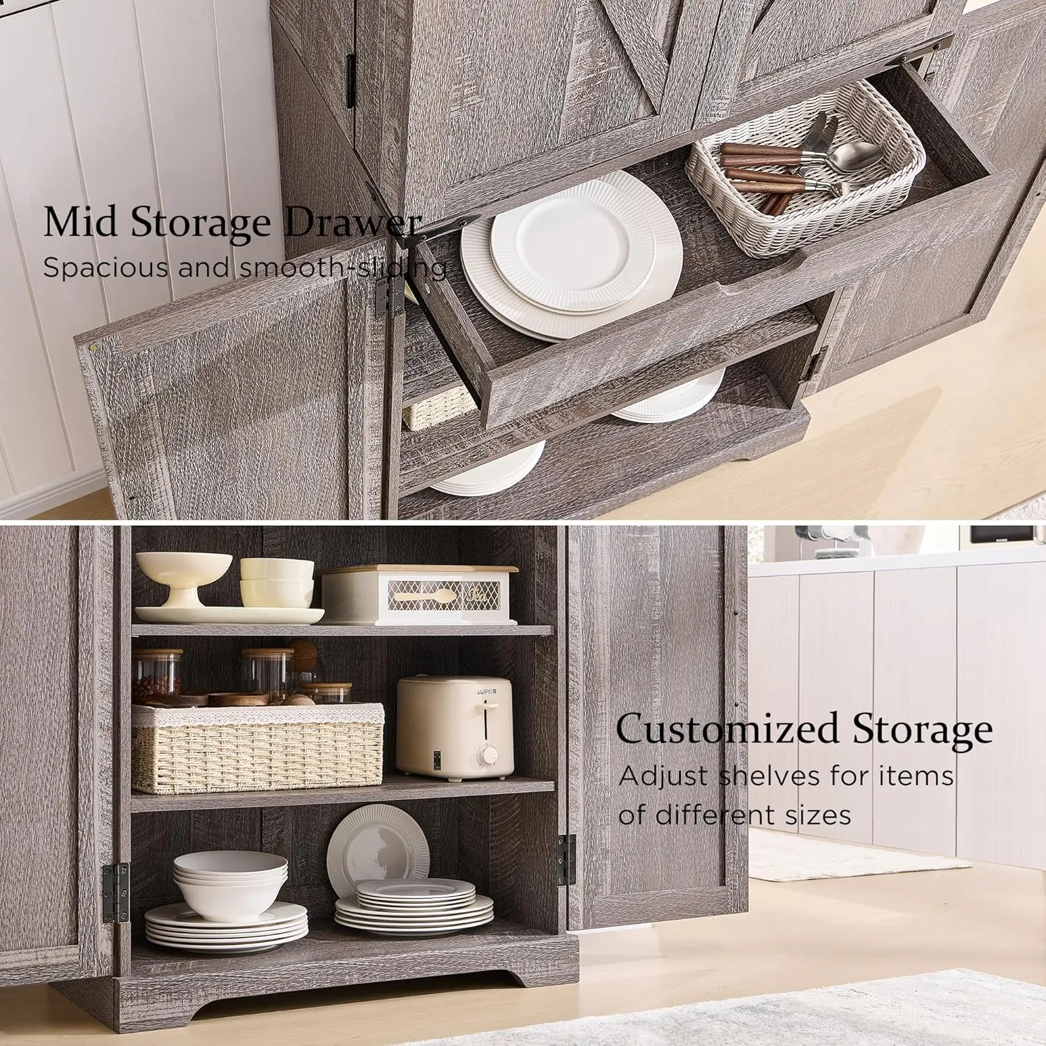 72" Tall Kitchen Pantry, Farmhouse Storage Cabinet with Barn Doors, Organizer, Drawer and Adjustable Shelves, Rustic Wood Cupboard for Kitchen, Dining Room, Bathroom and Hallway, Rustic Grey