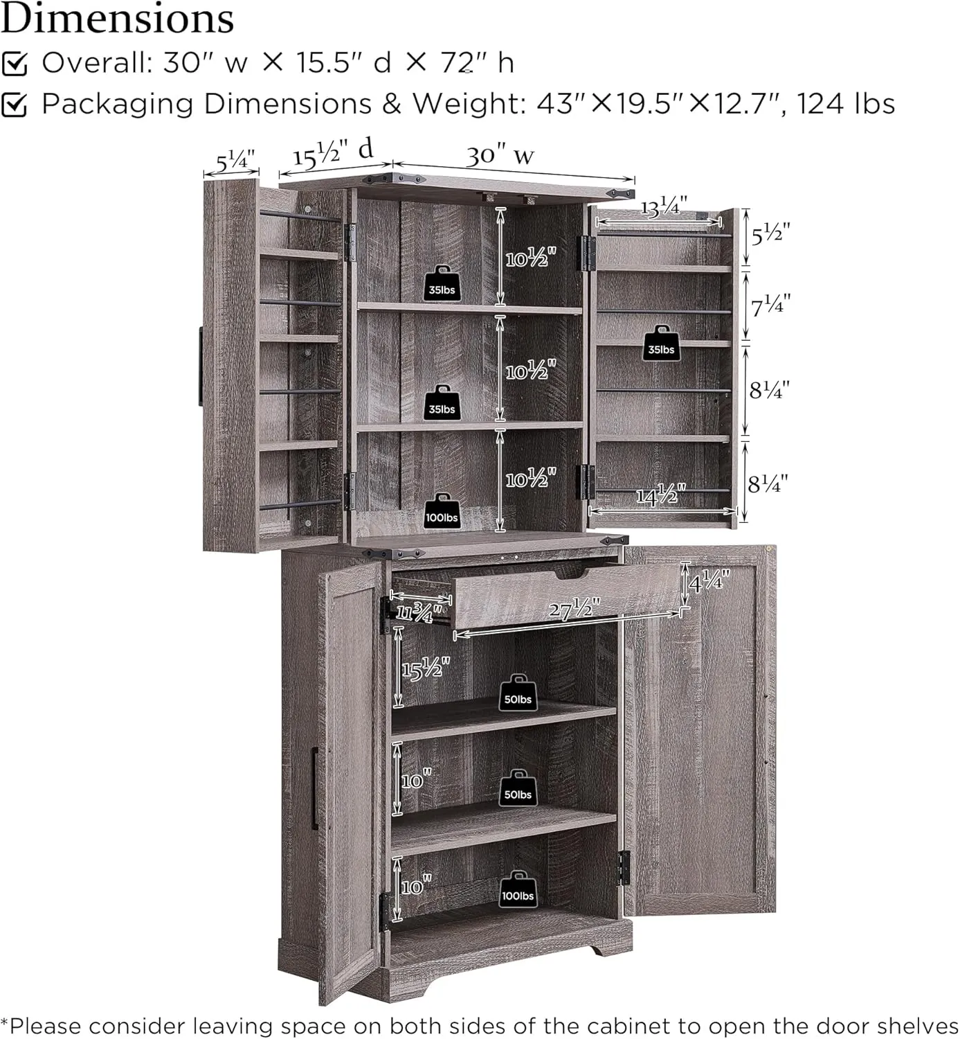 72" Tall Kitchen Pantry, Farmhouse Storage Cabinet with Barn Doors, Organizer, Drawer and Adjustable Shelves, Rustic Wood Cupboard for Kitchen, Dining Room, Bathroom and Hallway, Rustic Grey