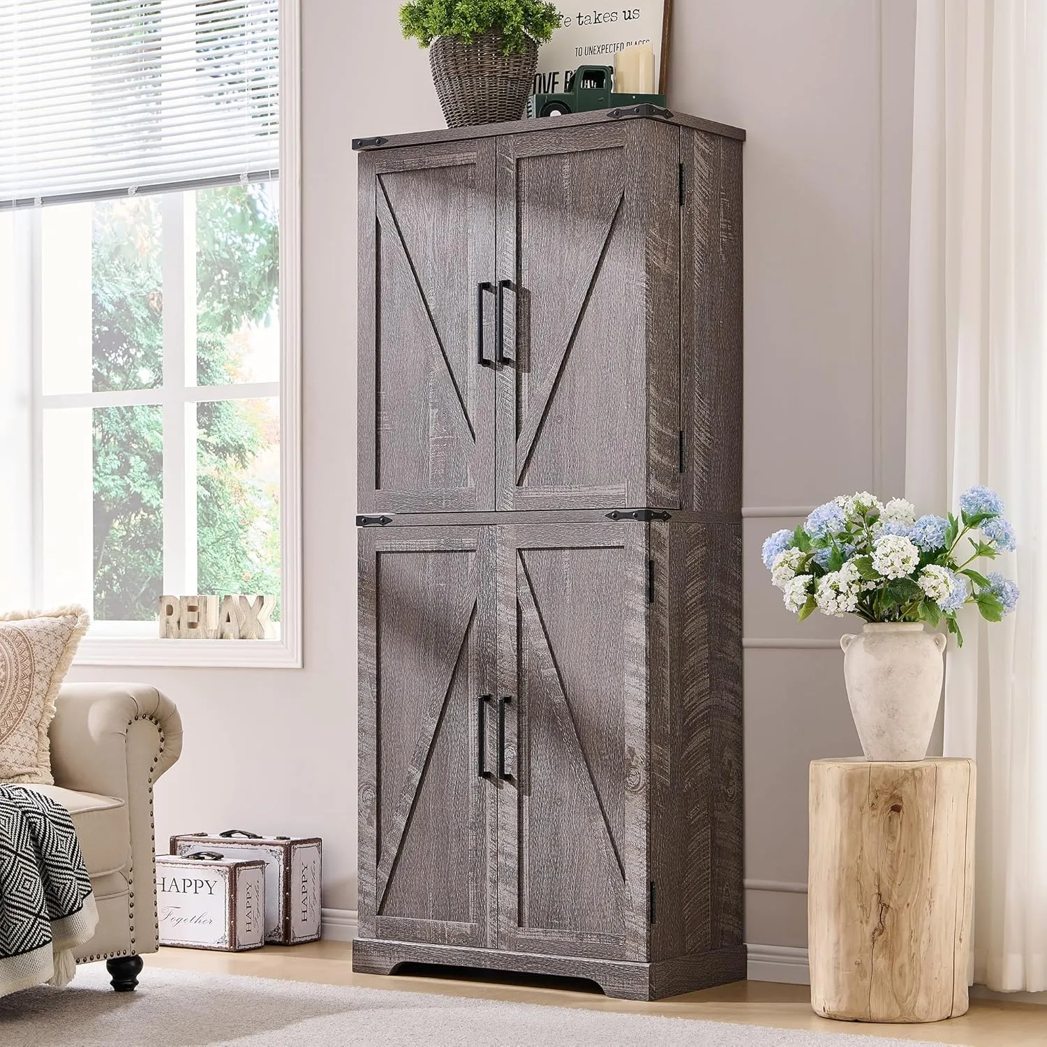 72" Tall Kitchen Pantry, Farmhouse Storage Cabinet with Barn Doors, Organizer, Drawer and Adjustable Shelves, Rustic Wood Cupboard for Kitchen, Dining Room, Bathroom and Hallway, Rustic Grey