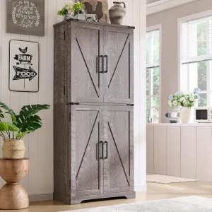 72" Tall Kitchen Pantry, Farmhouse Storage Cabinet with Barn Doors, Organizer, Drawer and Adjustable Shelves, Rustic Wood Cupboard for Kitchen, Dining Room, Bathroom and Hallway, Rustic Grey