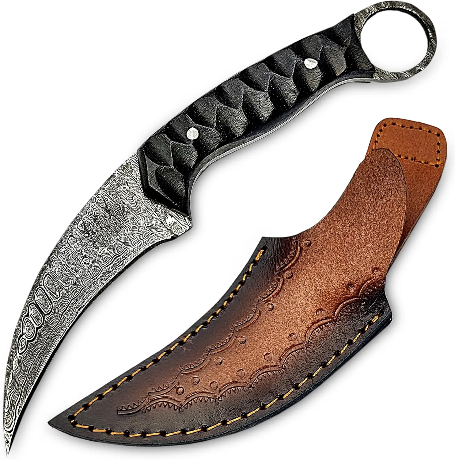 7.5″ Handmade Karambit Damascus Hunting Knife with Leather Sheath - Ideal for Skinning, Camping, Outdoor - Full Tang Fixed Blade Karambit Knife with Rosewood Handle Edc Knife Karambits for Men & Women