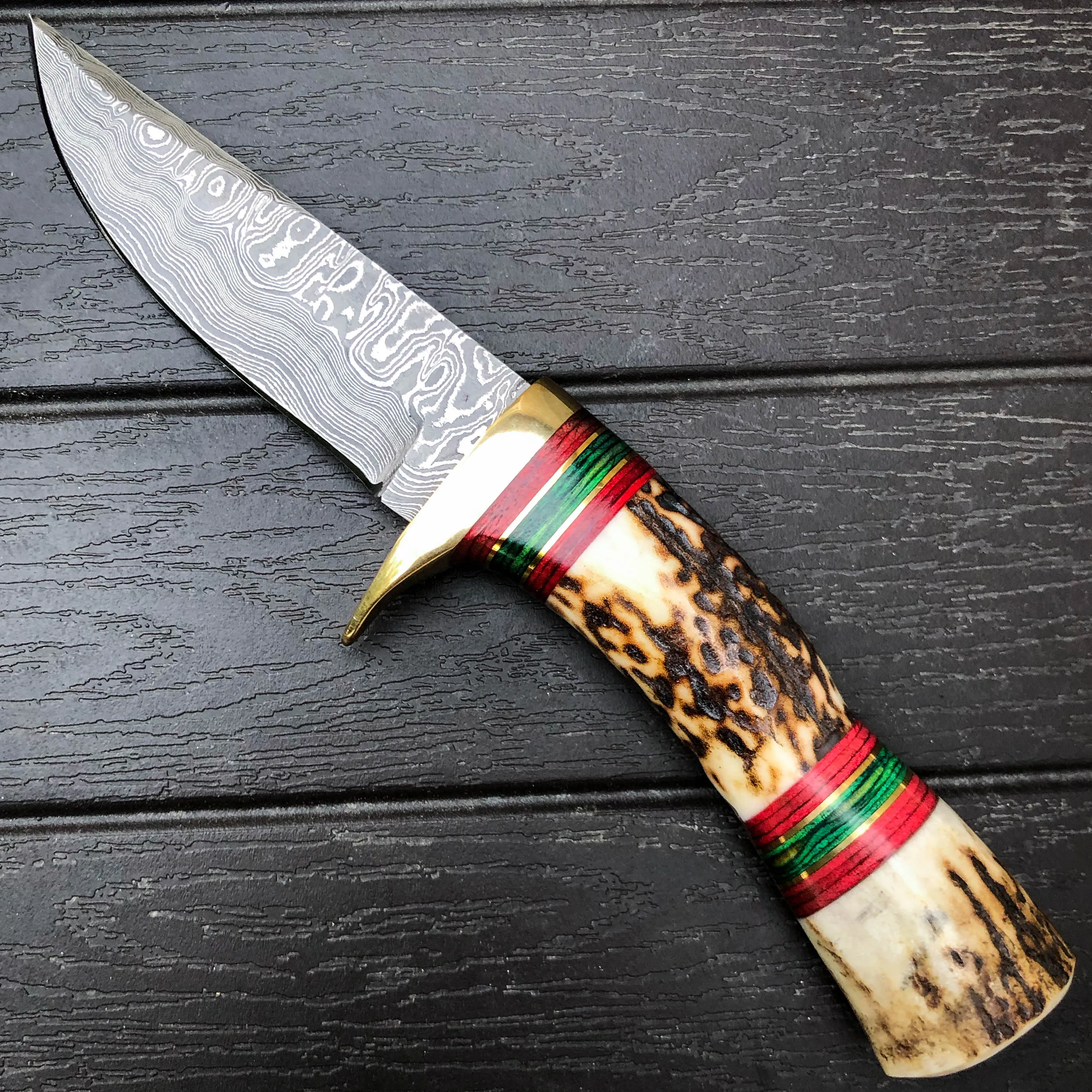 7.5" Damascus Steel Survival Hunting FIXED BLADE Skinner Knife Stag Horn Handle