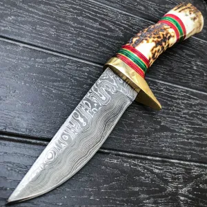 7.5" Damascus Steel Survival Hunting FIXED BLADE Skinner Knife Stag Horn Handle