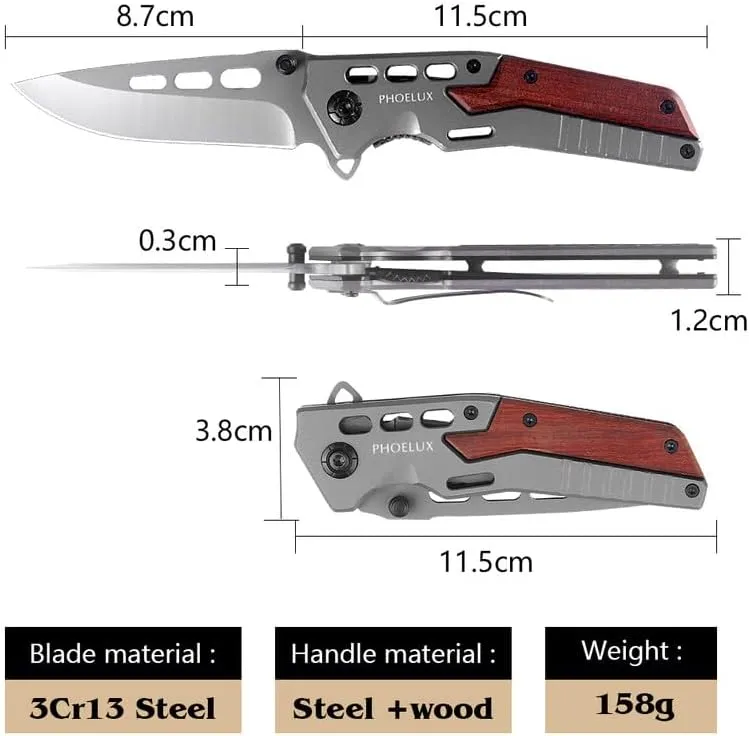 7.95" Pocket Folding Knife with Hollow out Titanium-plated Sharp Blade, Wood and Steel Handle,Thumb Stud, Liner Lock and Pocket Clip, Good for Survival, Camping, Outdoor, Hunting,Everyday Carry