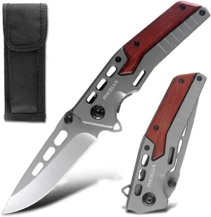 7.95" Pocket Folding Knife with Hollow out Titanium-plated Sharp Blade, Wood and Steel Handle,Thumb Stud, Liner Lock and Pocket Clip, Good for Survival, Camping, Outdoor, Hunting,Everyday Carry