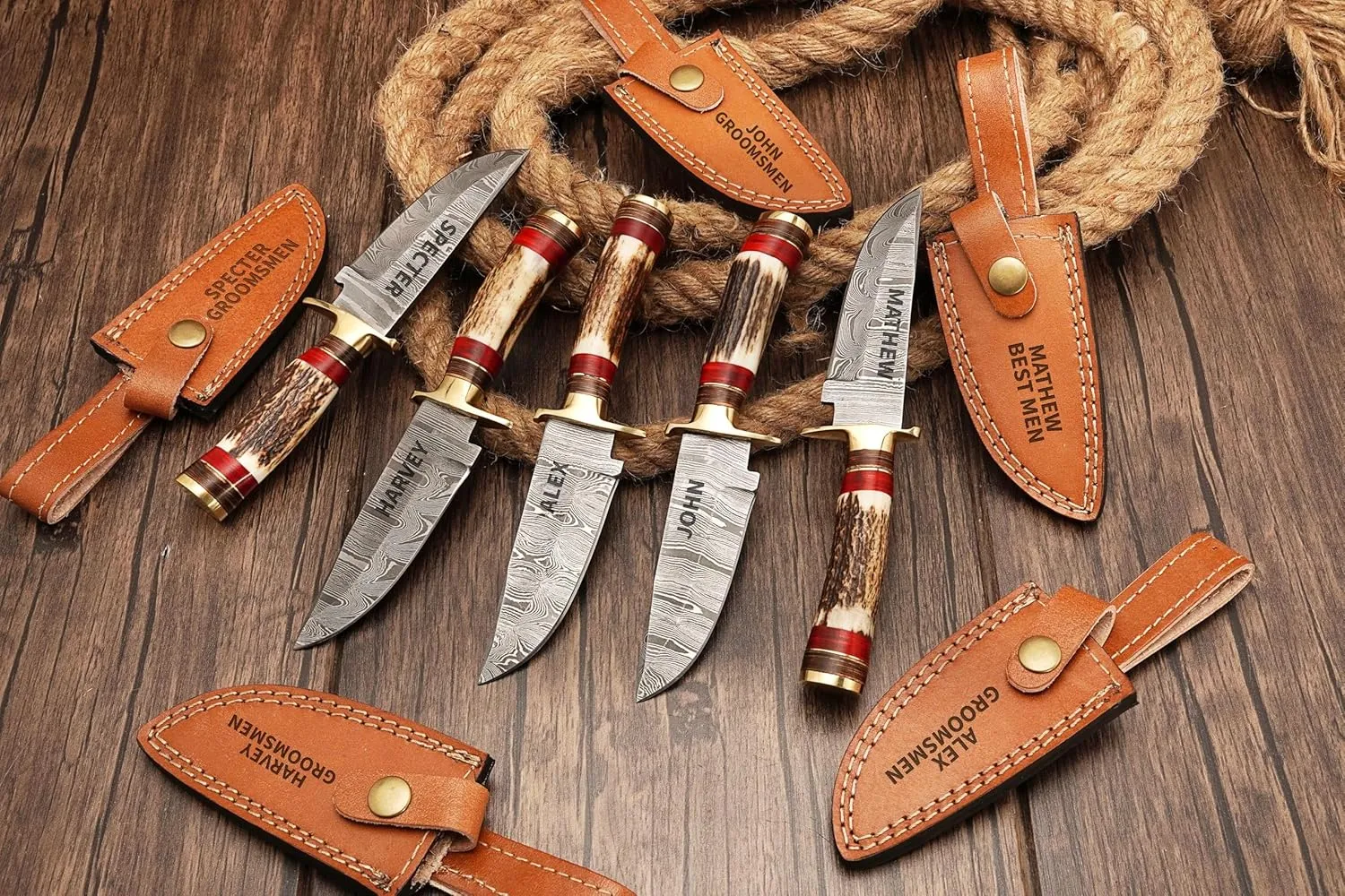 8 inch Handmade Personalized Damascus Knife set for Groomsmen gifts | Fixed blade knife for Survival, Camping, Bushcraft Ergonomic