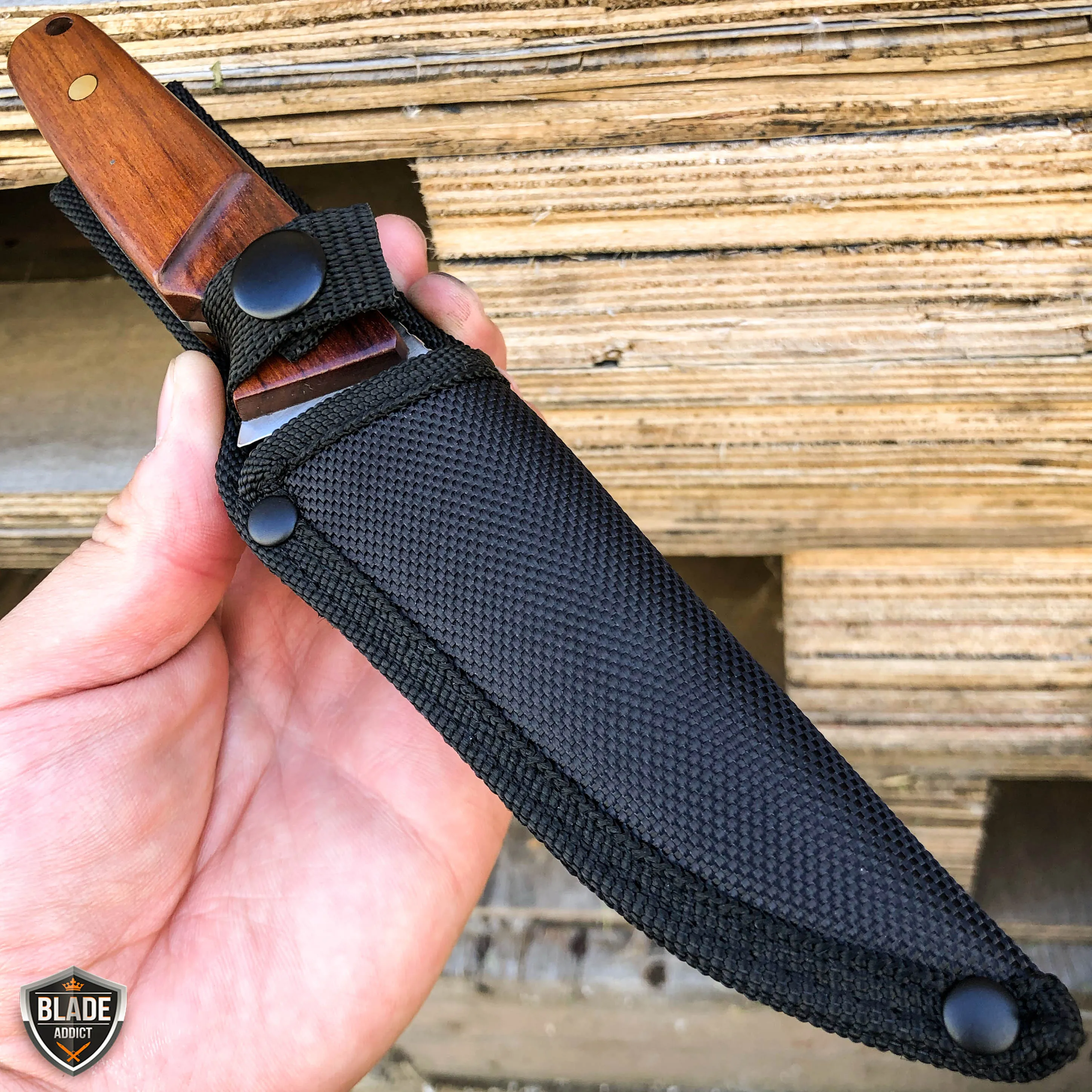 8.5" Hunting Tactical FIXED BLADE Survival Camping Knife w/ Wood Handle   Sheath