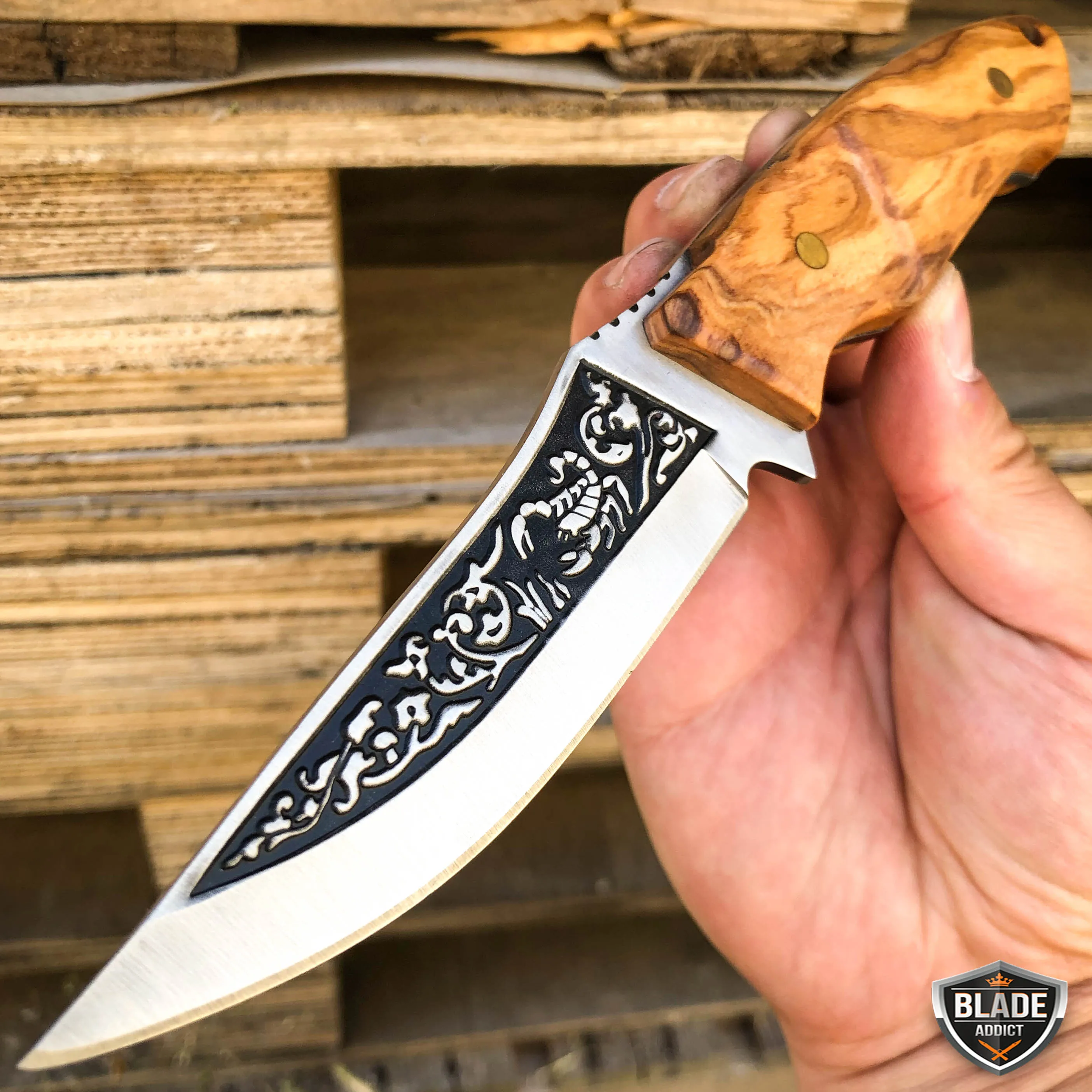 8.5" Hunting Tactical FIXED BLADE Survival Camping Knife w/ Wood Handle   Sheath