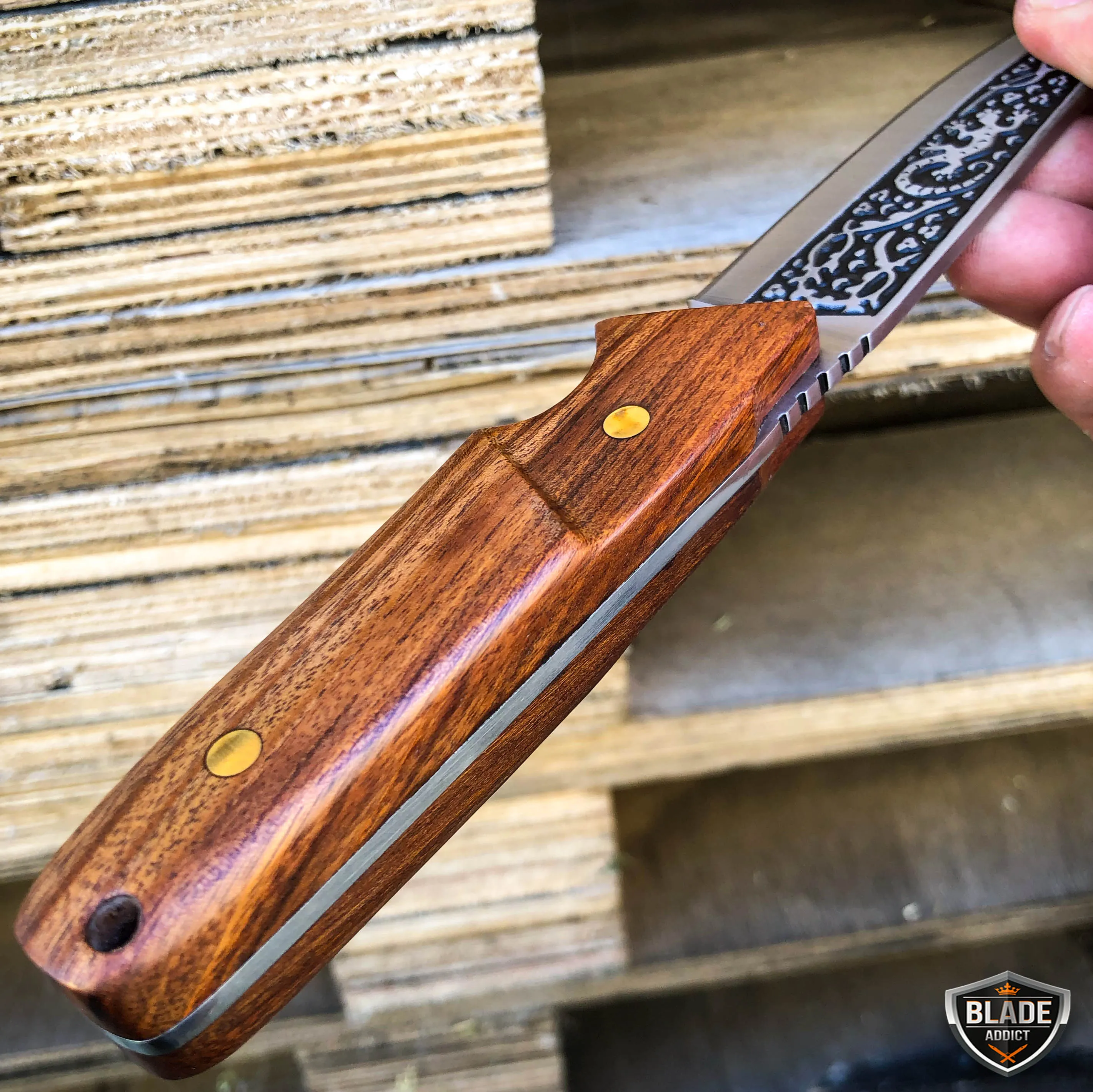 8.5" Hunting Tactical FIXED BLADE Survival Camping Knife w/ Wood Handle   Sheath