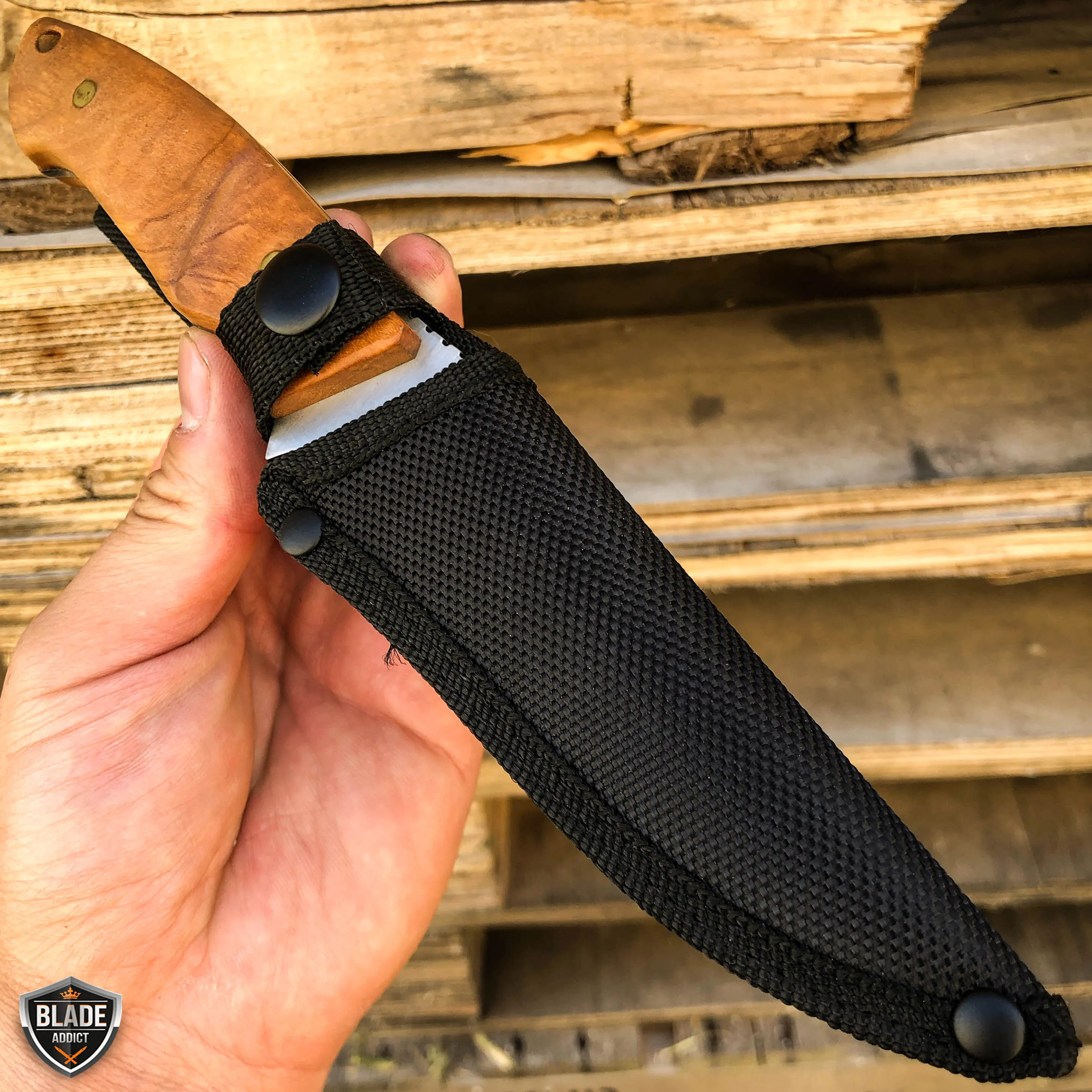 8.5" Hunting Tactical FIXED BLADE Survival Camping Knife w/ Wood Handle   Sheath