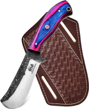8" Handmade 1095 High Carbon Steel Fixed Blade Outdoor Hunting knife, Cowboy Knife with Pancake Leather Sheath, Purple Exotic Wood Handle Skinning Knife (Purple Wood)