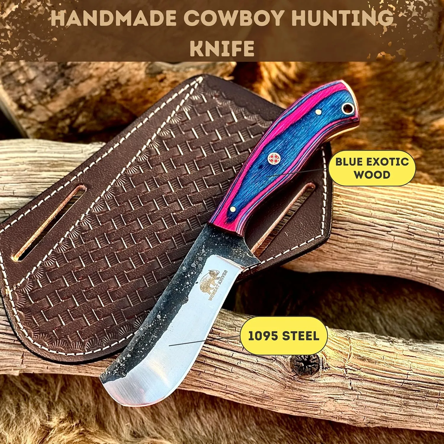 8" Handmade 1095 High Carbon Steel Fixed Blade Outdoor Hunting knife, Cowboy Knife with Pancake Leather Sheath, Purple Exotic Wood Handle Skinning Knife (Purple Wood)