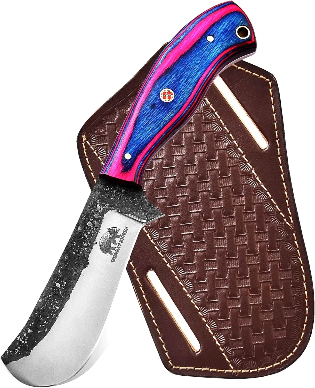 8" Handmade 1095 High Carbon Steel Fixed Blade Outdoor Hunting knife, Cowboy Knife with Pancake Leather Sheath, Purple Exotic Wood Handle Skinning Knife (Purple Wood)