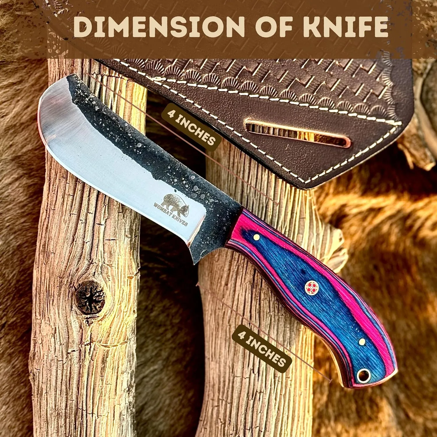 8" Handmade 1095 High Carbon Steel Fixed Blade Outdoor Hunting knife, Cowboy Knife with Pancake Leather Sheath, Purple Exotic Wood Handle Skinning Knife (Purple Wood)