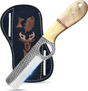 8" Handmade Damascus Bull Cutter Knife with Leather Sheath - Western Cowboy knife for Hunting, Skinning, Camping, and outdoor activities