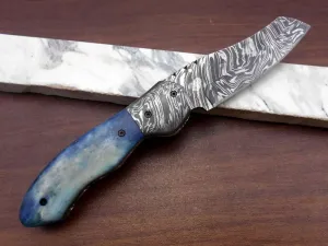 8" Tanto Blade Folding Knife, Natural Bull Horn and Camel bone scales, Hand Forged Twist Pattern Damascus Steel, Equipped with Thumb pin & Liner Lock, Cow Hide Leather Sheath Included (Blue Bone)