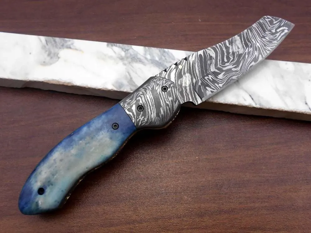 8" Tanto Blade Folding Knife, Natural Bull Horn and Camel bone scales, Hand Forged Twist Pattern Damascus Steel, Equipped with Thumb pin & Liner Lock, Cow Hide Leather Sheath Included (Blue Bone)