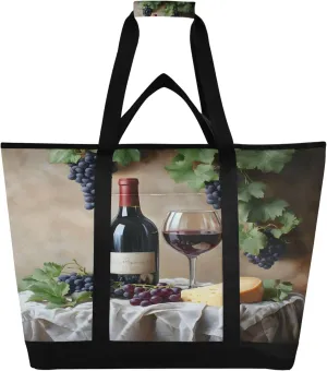 A Bottle of Red Wine Reusable Insulated Cooler Bag with Ice Pack Compartment - Large 47L Waterproof Thermal Grocery Tote for Picnic Beach Camping Lunch Storage