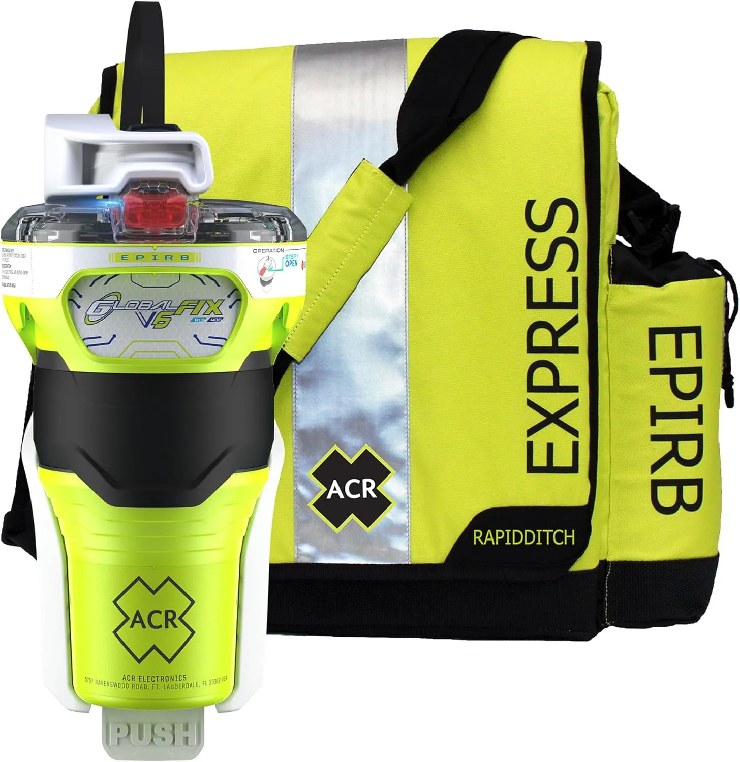 ACR GlobalFix V6 EPIRB with RapidDitch Express Bag - 2343.1: Reliable Emergency Beacon with Quick-Release Bag for Fast Deployment in Critical situations.