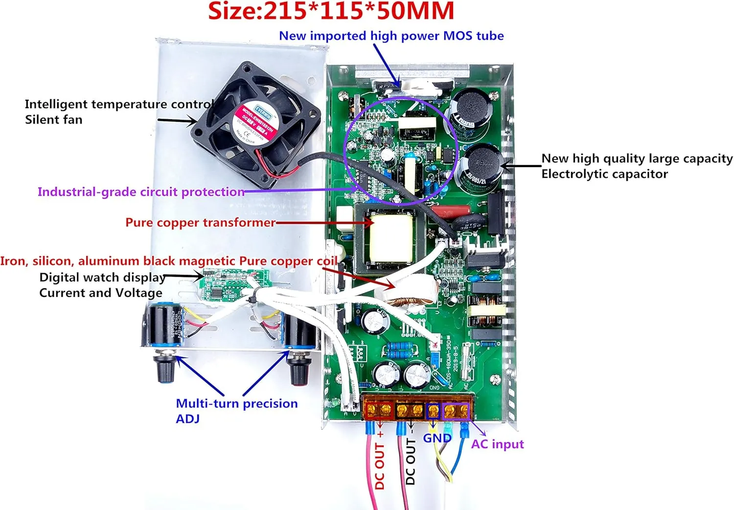 Adjustable DC Power Voltage Converter AC 110V - 220V to DC 0-60V 0-8.5A Module Switching Power Supply Digital Display 500W Voltage Regulator Built in Cooling Fan (0-60V 0-8.5A)
