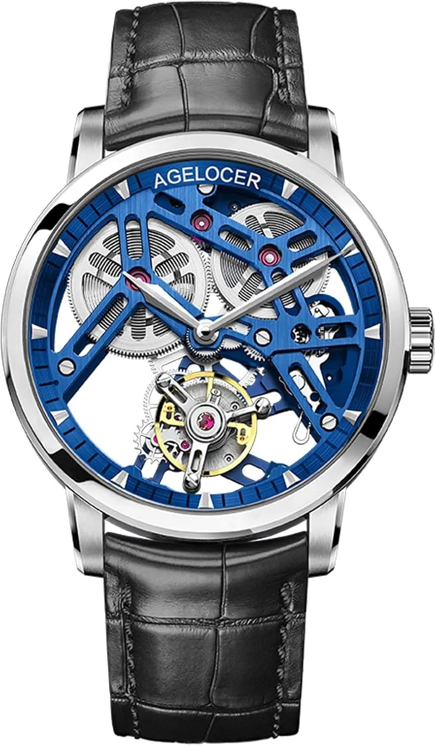 AGELOCER Men's Luxury Mechanical Watch with Tourbillon | Skeleton Manual Watches for Men | Waterproof Dress Watch for Business & Formal Occasions | Sapphire Glass | 50M Water Resistant (Black-Gold)