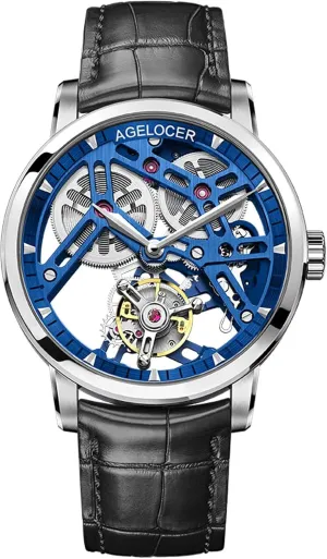 AGELOCER Men's Luxury Mechanical Watch with Tourbillon | Skeleton Manual Watches for Men | Waterproof Dress Watch for Business & Formal Occasions | Sapphire Glass | 50M Water Resistant (Black-Gold)