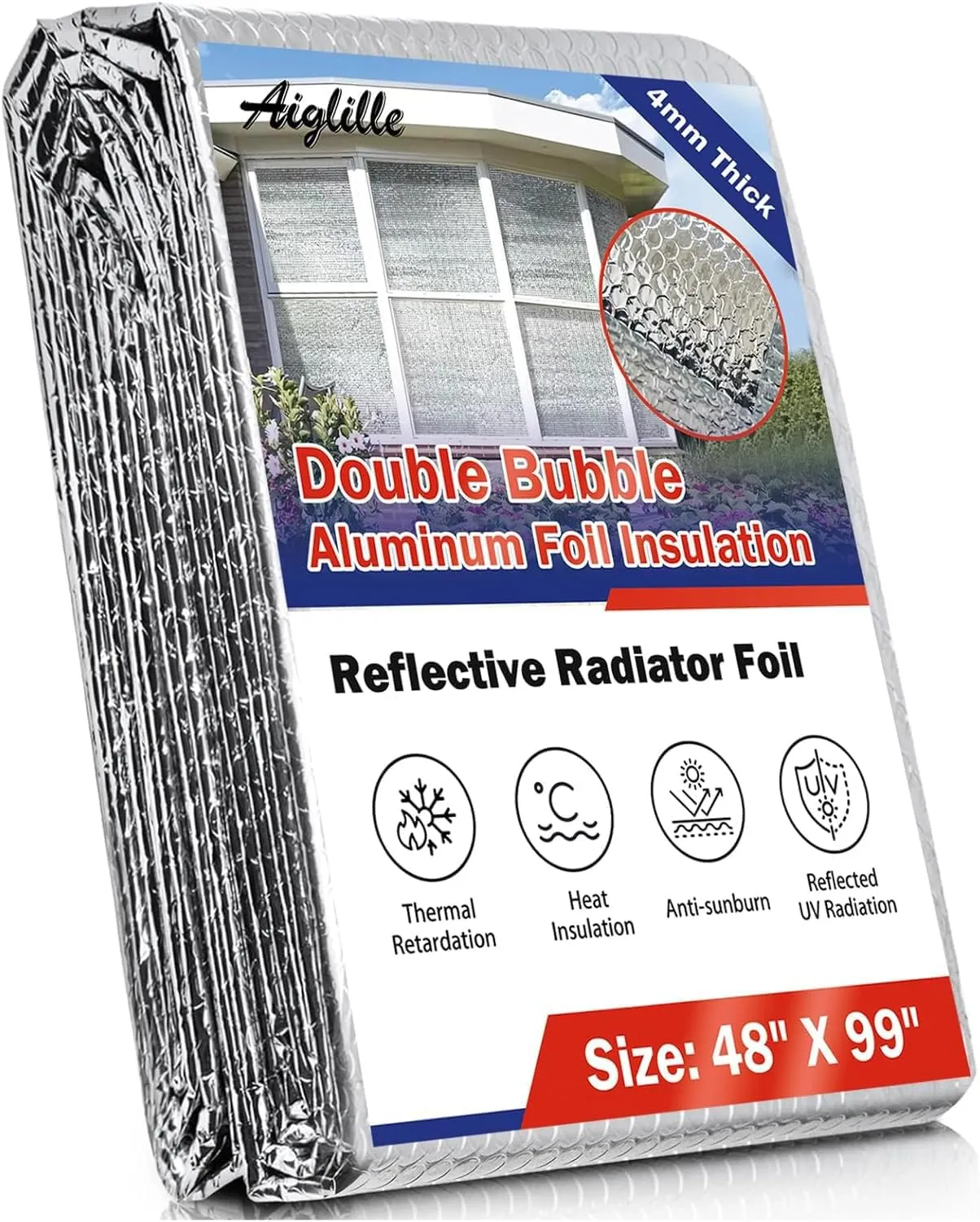 Aiglille Reflective Insulation Foam, 48" W x 99" L Double Bubble Weatherproofing Reflectix Foil Insulated for RV, Window Insulation for Summer Heat