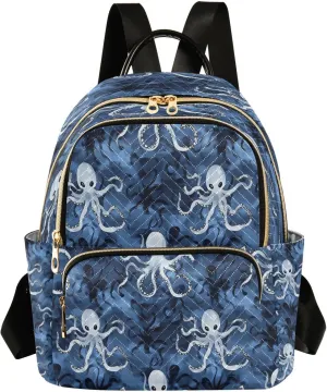 ALAZA Blue White Octopus Pattern Mini Backpack Purse for Women Travel Bag Lightweight Shoulder Bag Fashion Daypack