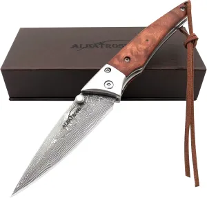 ALBATROSS Damascus Folding Pocket Knife - 71 Layers Steel Blade, Sapele Wood Handle, Liner Lock, 7 Inch EDC Camping Knife, Gift for Men - HGDK008