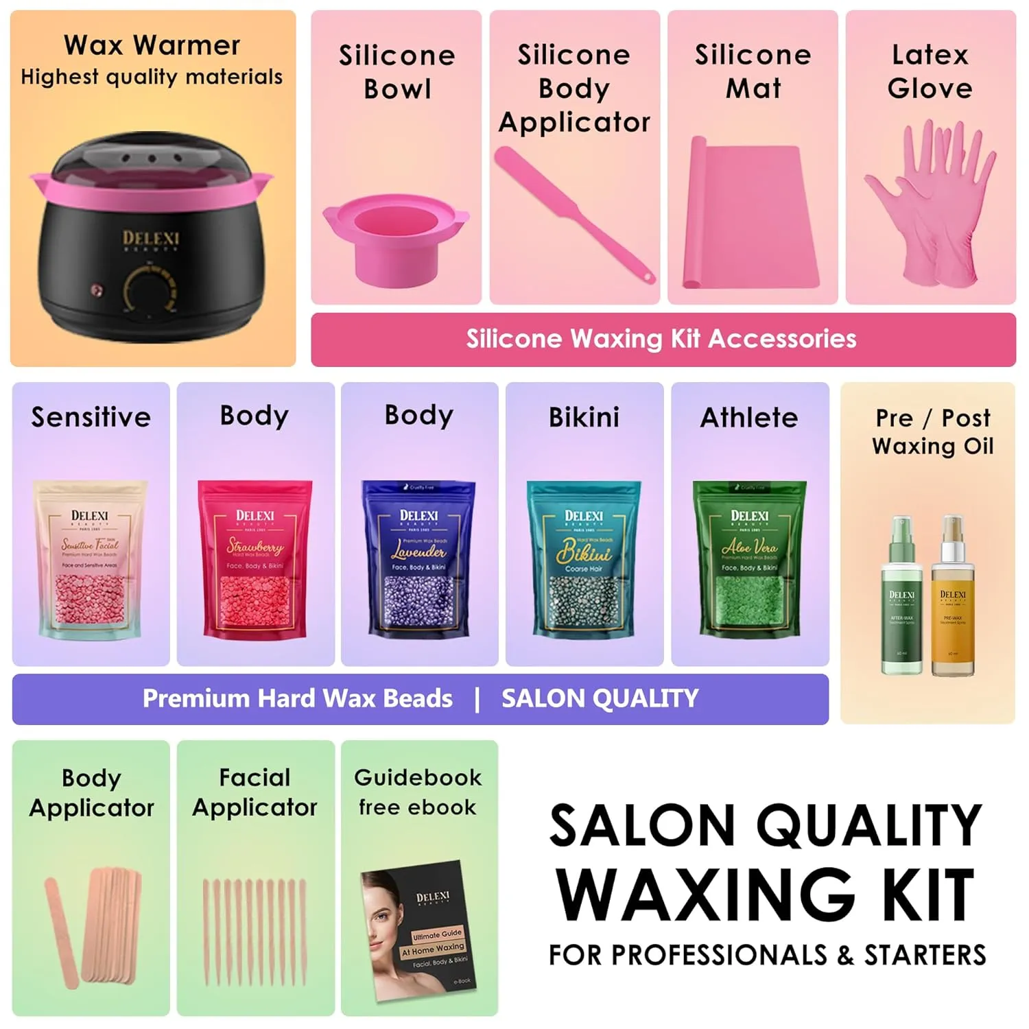 All-in-one Waxing Kit for Women  5 Pack Salon Quality Wax for Full Body Hair Removal - Ideal for Bikini, Brazilian, Underarms, Legs, Eyebrows, Chest, Back, and Mustache - For Sensitive Skin